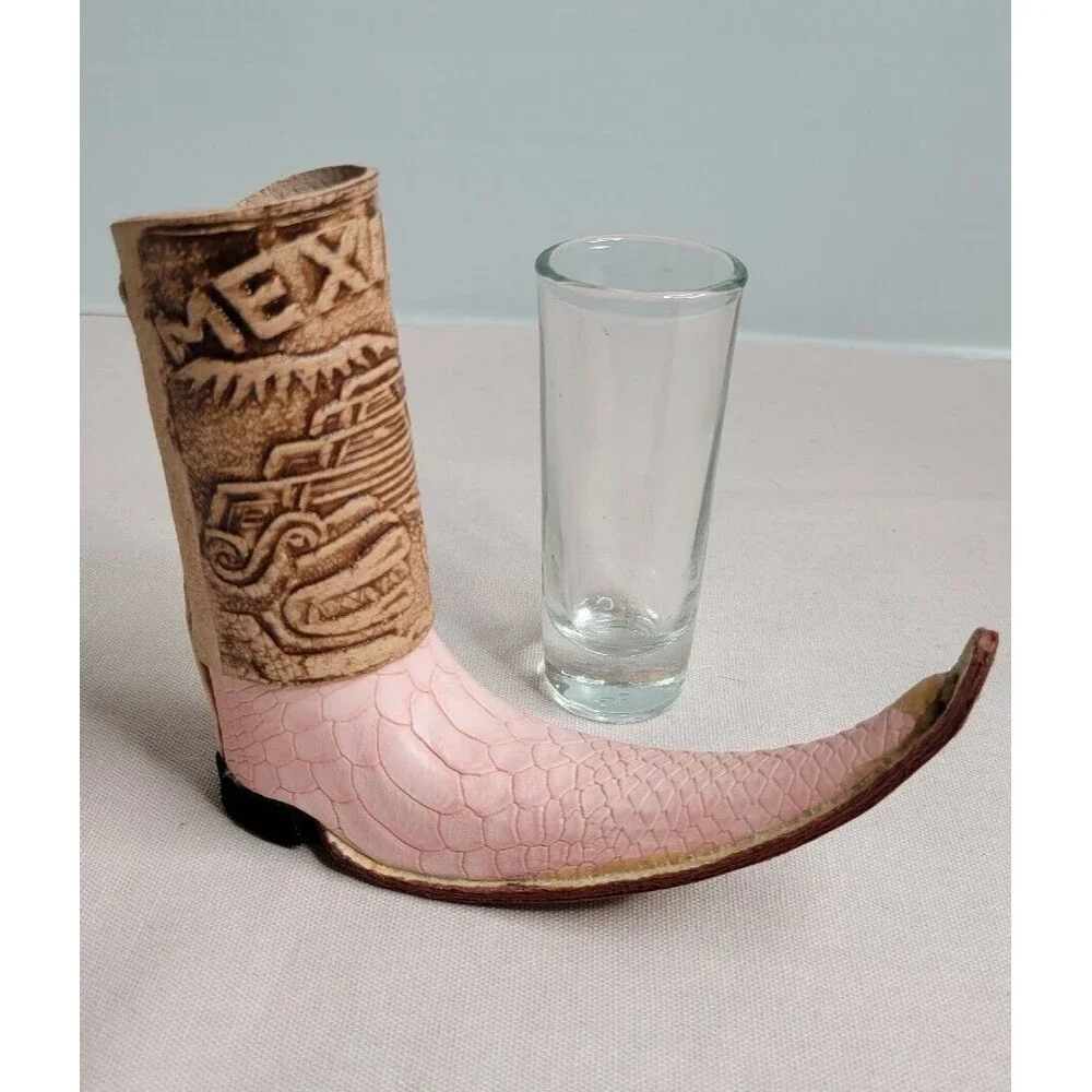 mexican mini leather wrapped boot tequila shots shaped like boot Pink And Brown